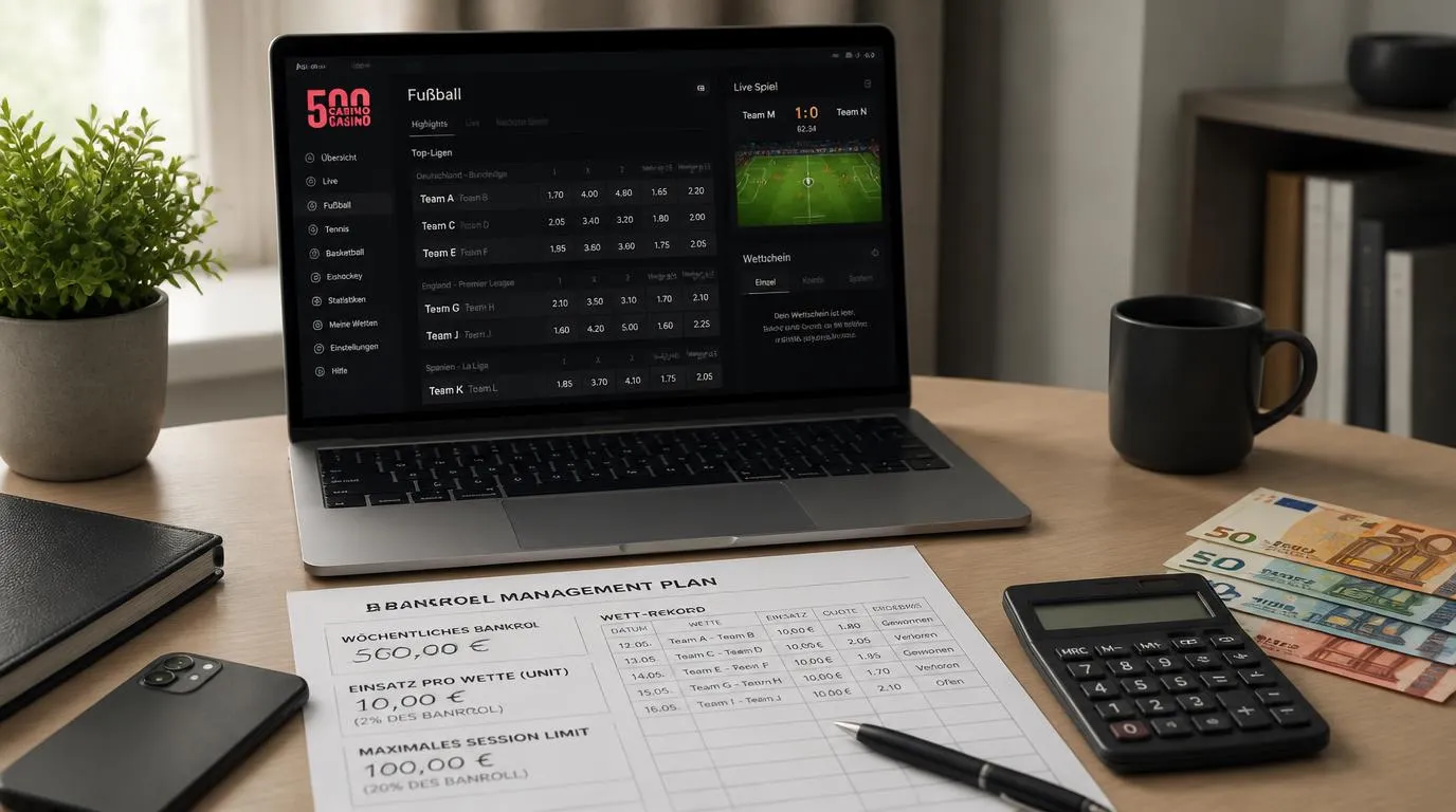 Sportwetten-Plan mit Budgetnotizen, Einsatzgrenzen und Fußballspiel auf einem Laptop