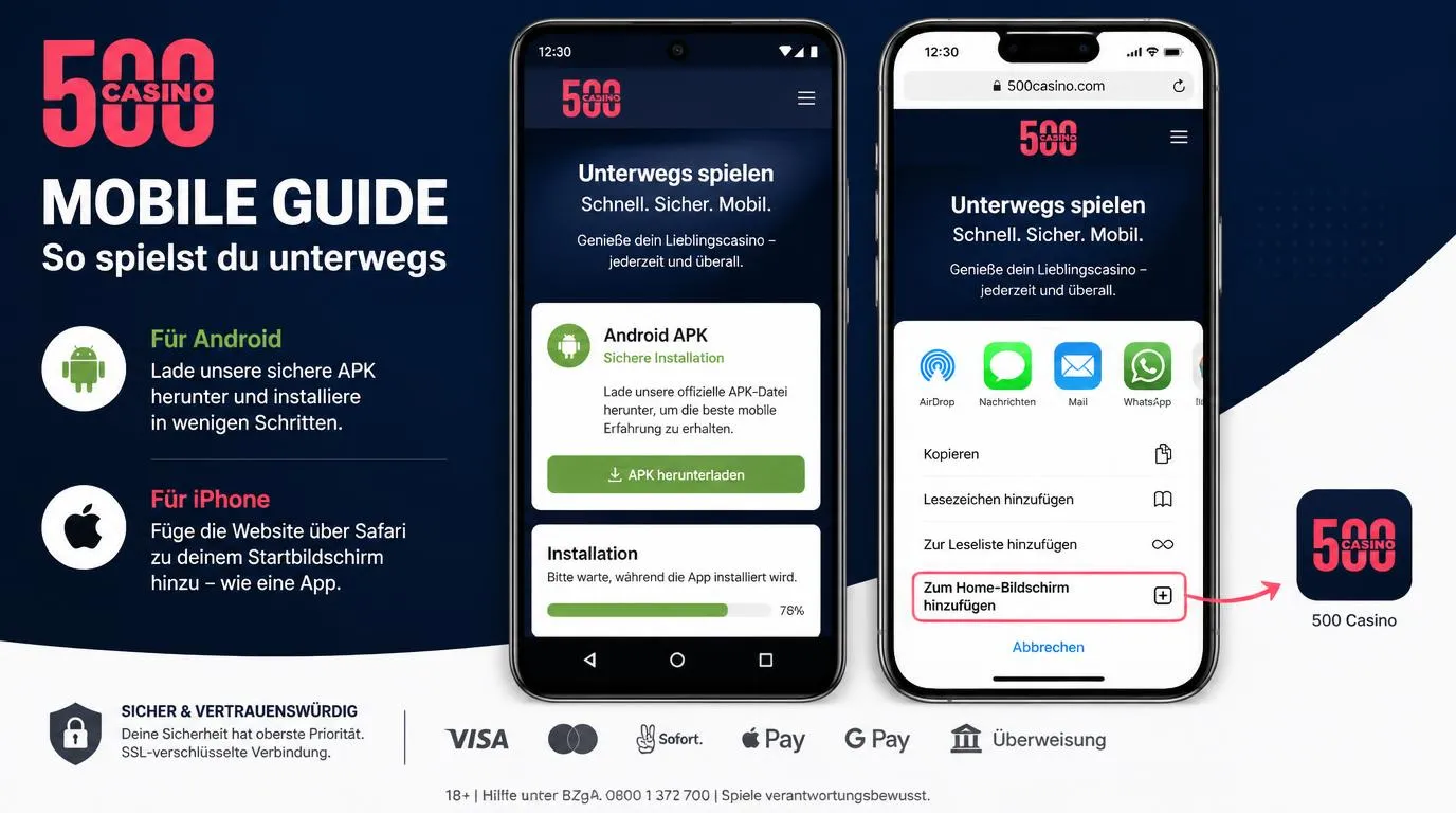 Android-Smartphone und iPhone mit geöffneter Casino-Web-App und Installationsschritten