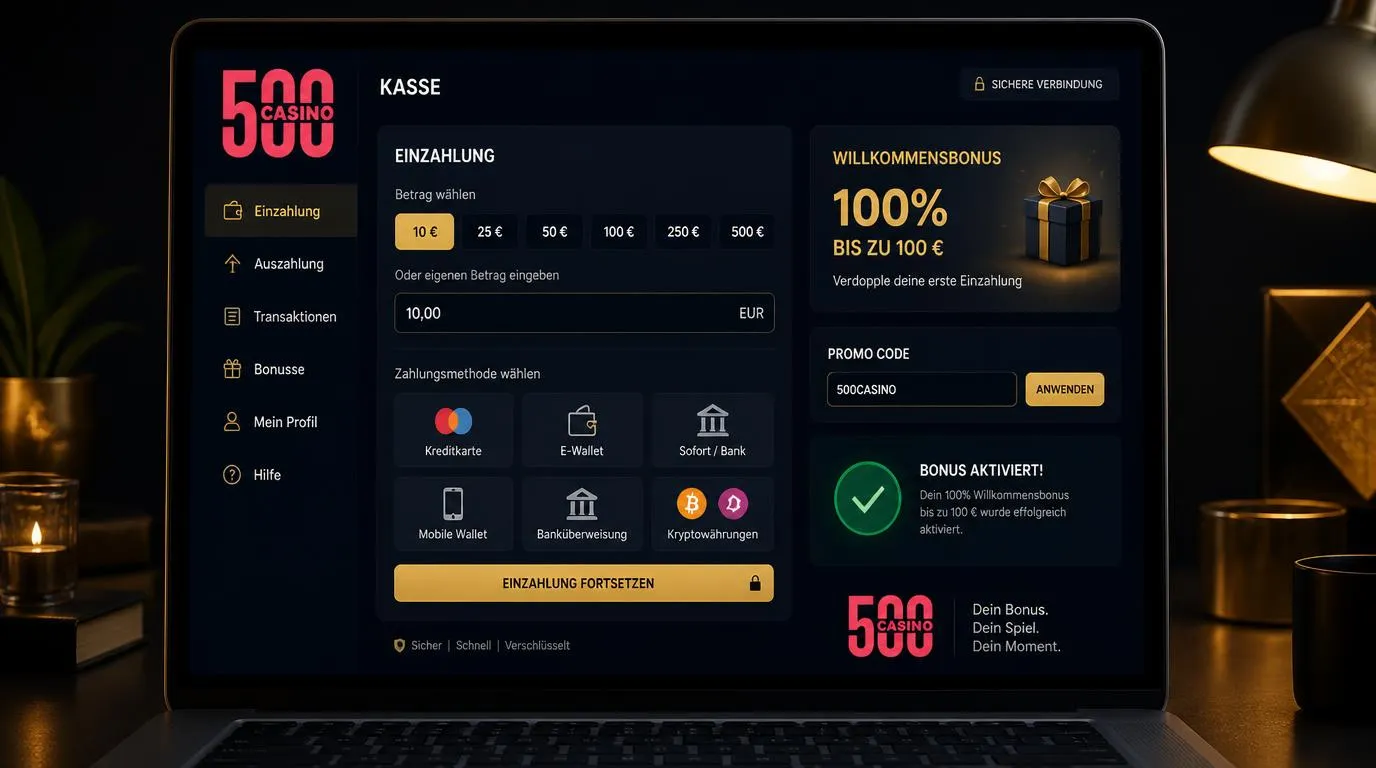 Kassenbereich eines Online-Casinos mit Auswahl für Einzahlung, Bonuscode und Bonusaktivierung