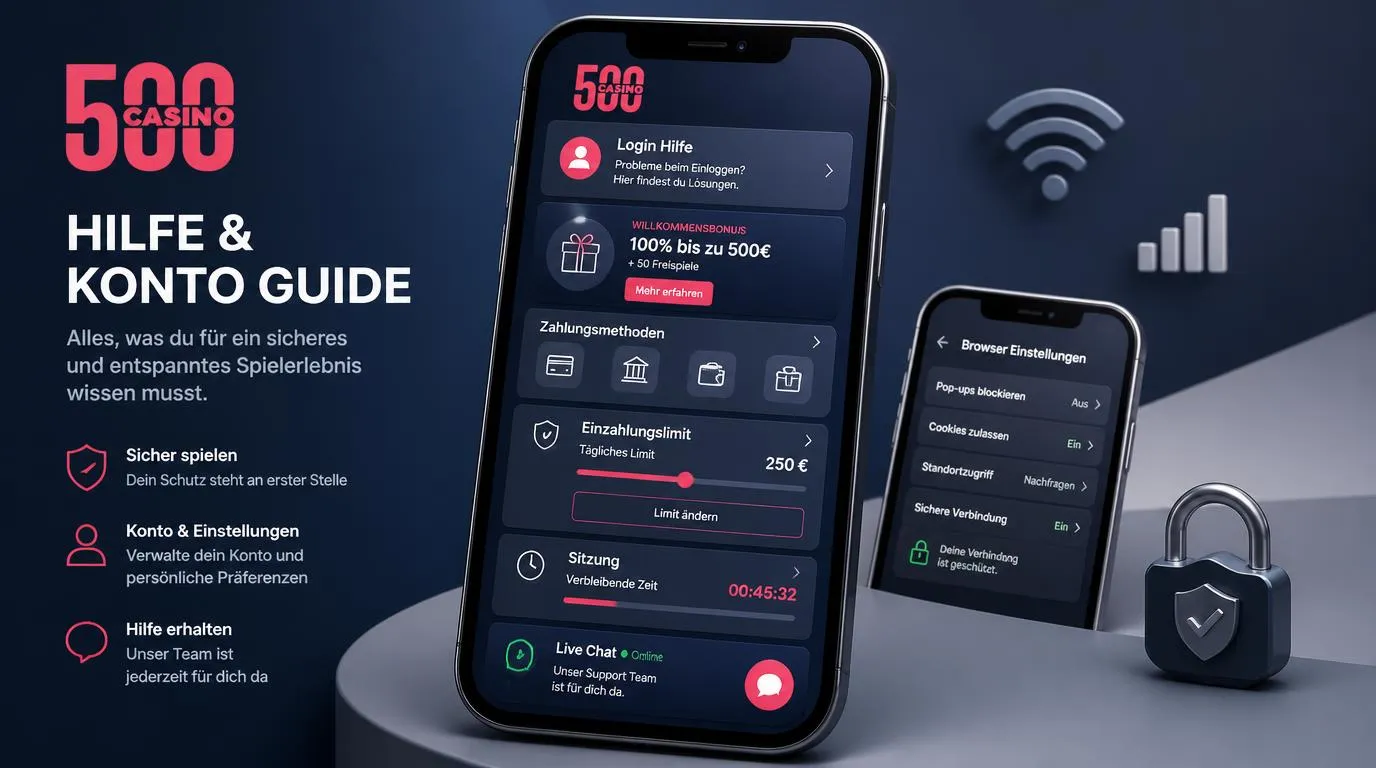 Smartphone mit Casino-Kontobereich, Zahlungsoptionen und eingeblendeten Sicherheitslimits