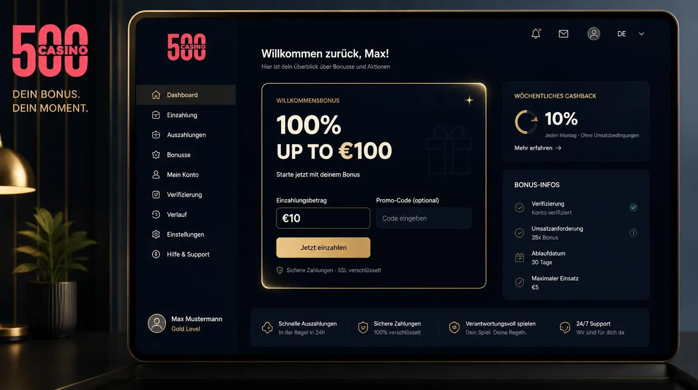 Casino-Kontobereich mit aktivierter Bonusoption, Einzahlung und Anzeige der Bonusbedingungen