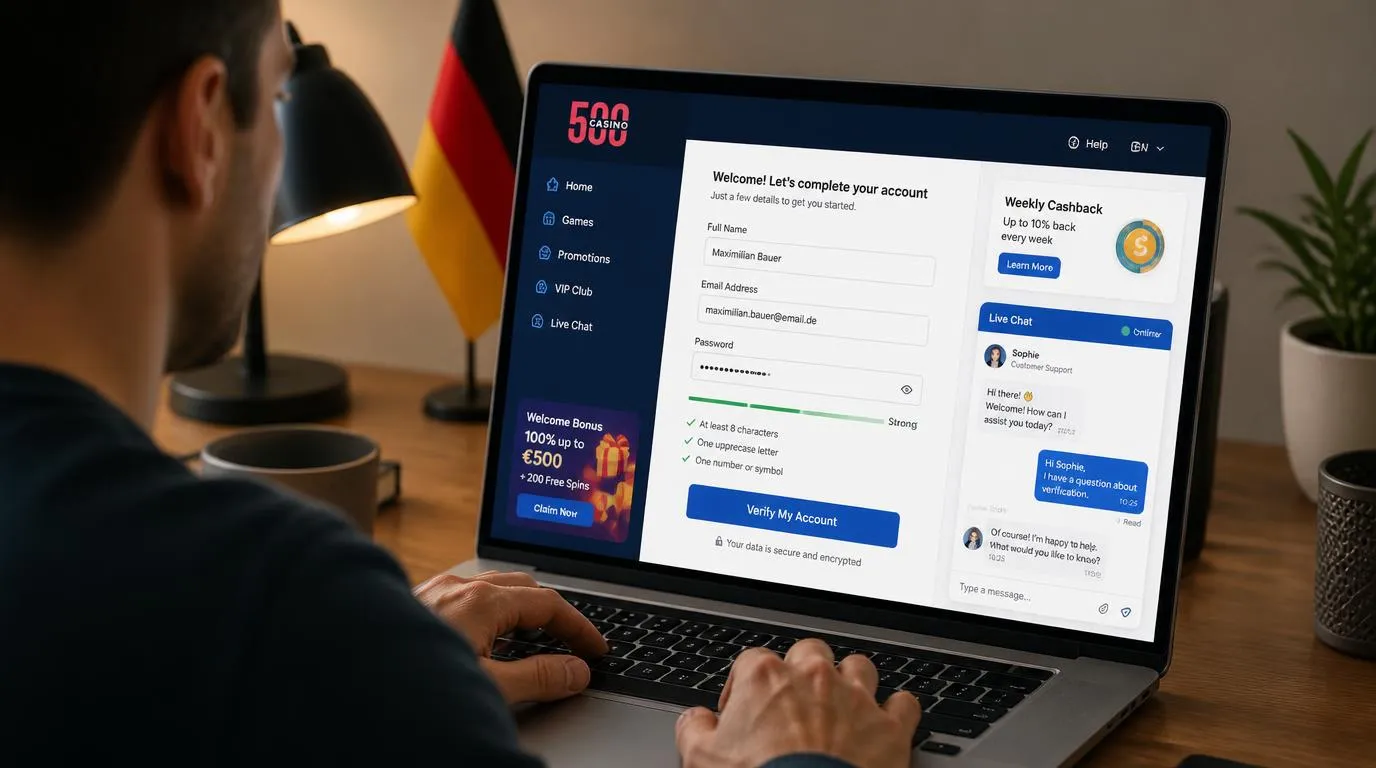 Nutzer prüft auf einem Laptop die Kontoangaben und den aktiven Live Chat bei der Casino-Registrierung