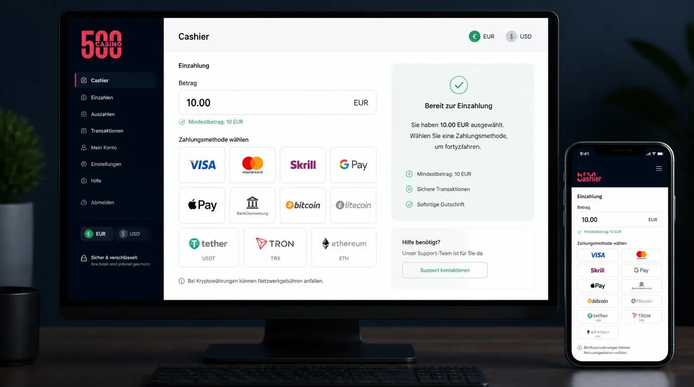 Kassenansicht mit Einzahlungslimit von 10 EUR sowie Karten, Wallets und Kryptowährungen