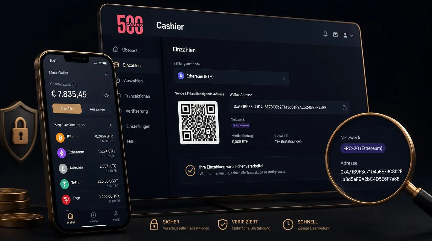 Krypto-Wallet mit Bitcoin, Ethereum und Tether für eine Casino-Einzahlung