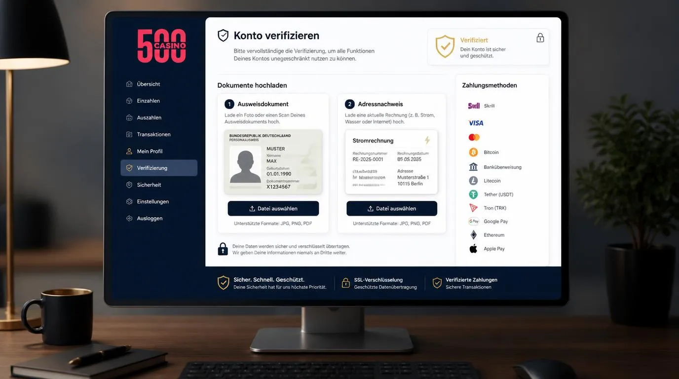 Verifizierungsbereich eines Casino-Kontos mit Ausweis- und Adressnachweis für die KYC-Prüfung