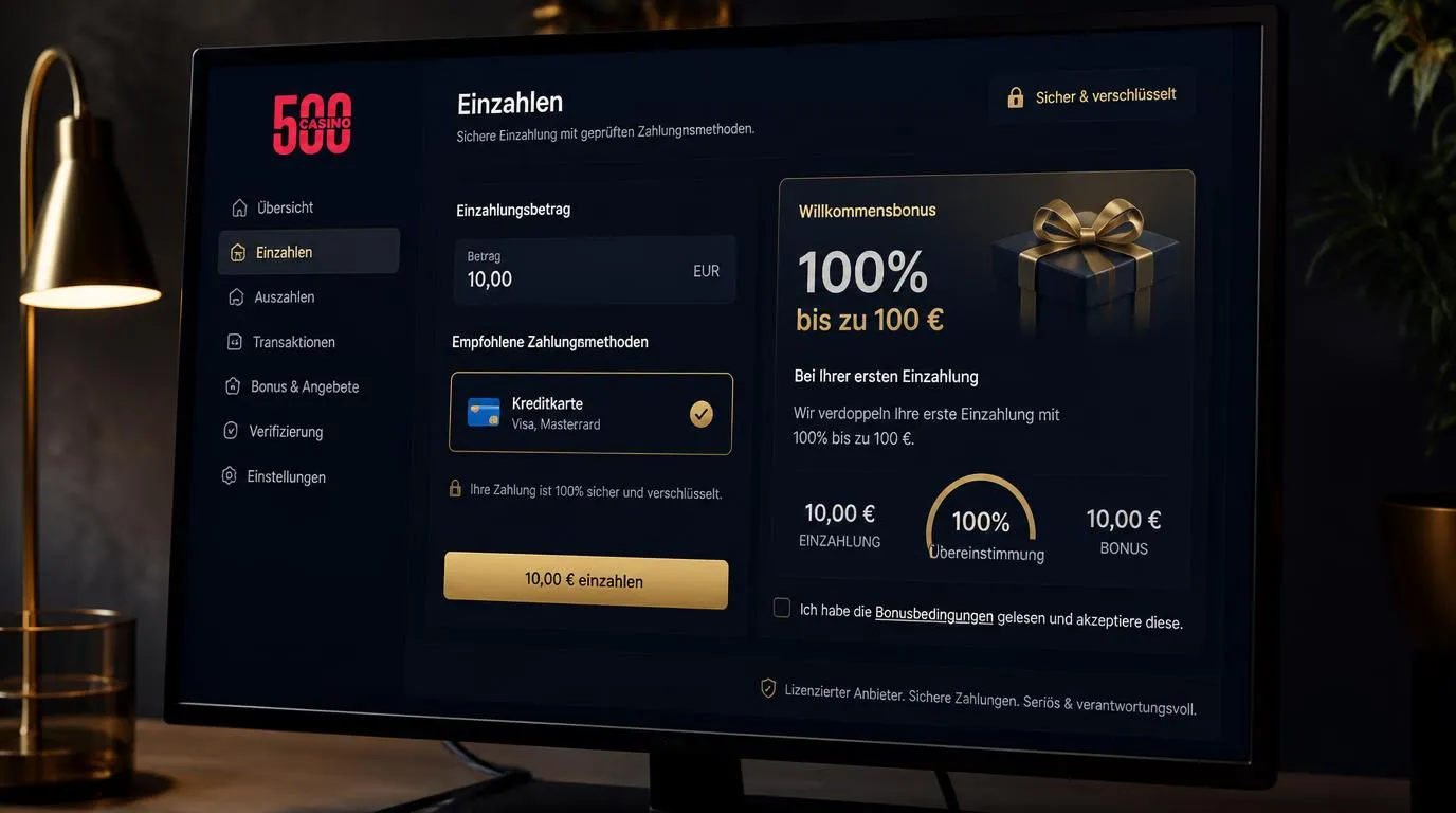 Bonusübersicht mit erster Einzahlung von 10 EUR und bis zu 100 EUR Willkommensbonus