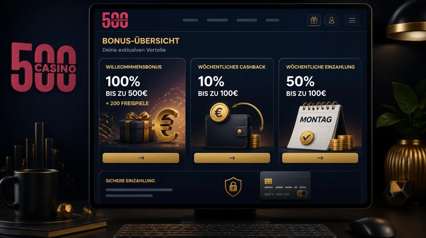 Bonusübersicht eines Online-Casinos mit Willkommensbonus, Cashback und wöchentlichen Prämien