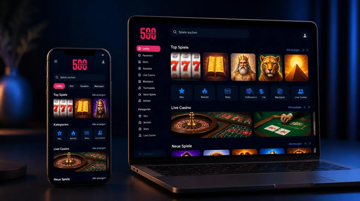 Mobiles Casino-Interface mit Spielautomaten und klarer Spielauswahl auf Smartphone und Laptop
