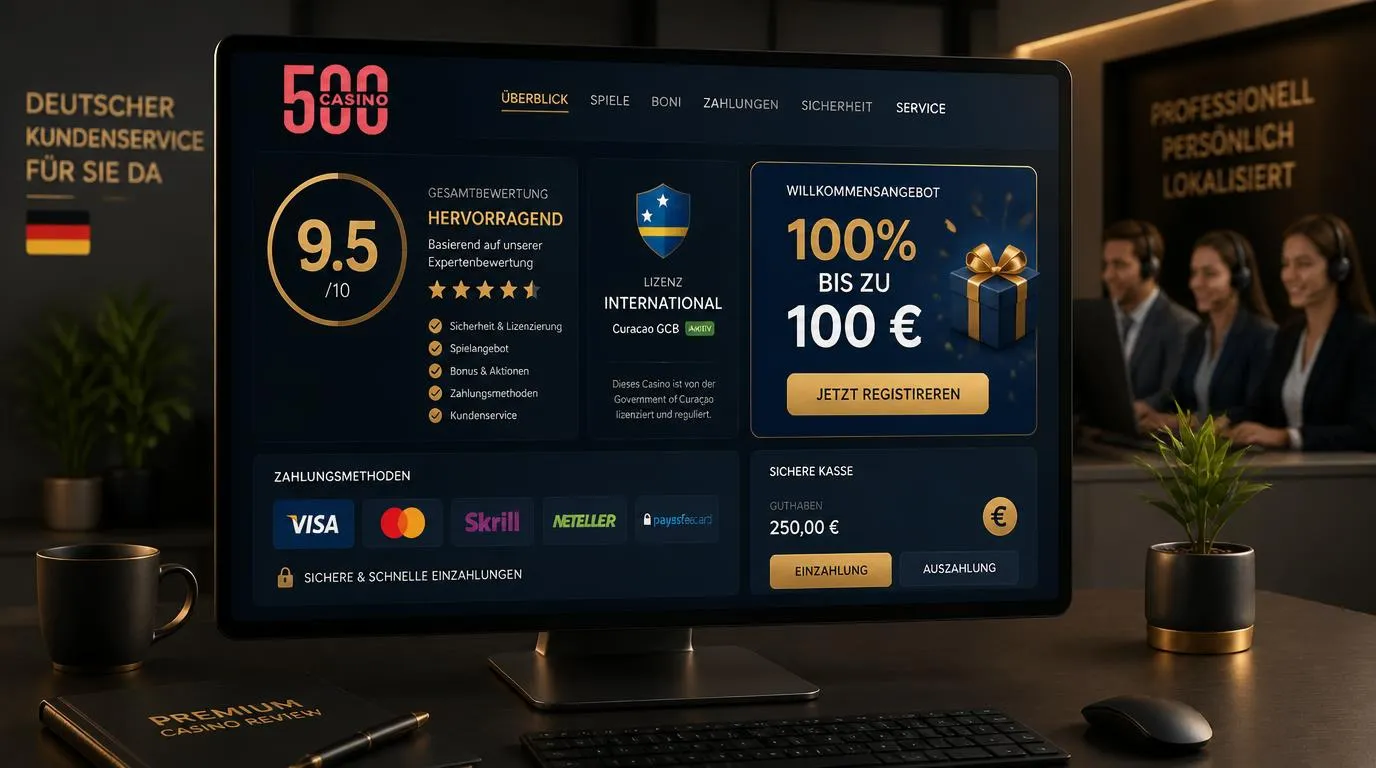 Casino-Bewertung mit 9,5 Punkten, Sicherheitsicon und Willkommensbonus in Euro